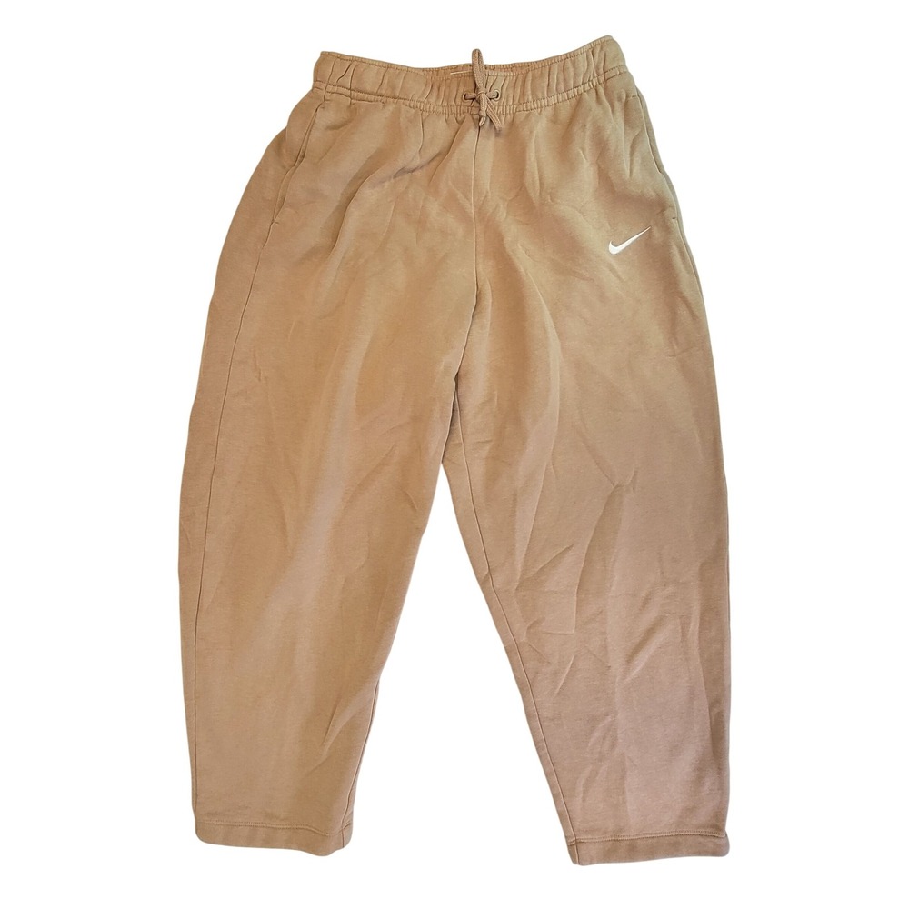 Nike Women's Tan Fleece Cropped Sweatpants Drawstring Waist Casual Comfy Small
